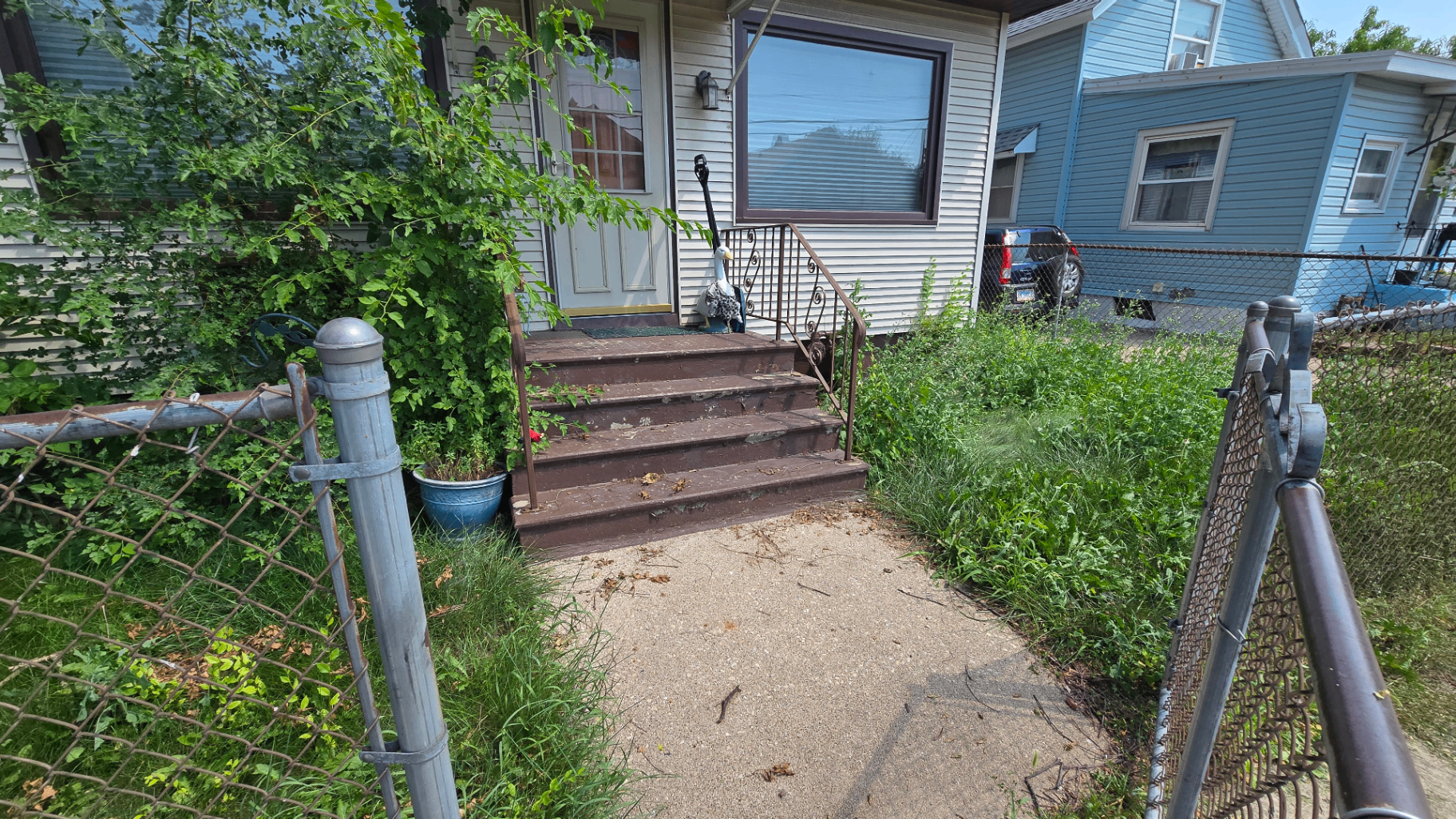 Front walkway and steps crowded by overgrown brush and vines before trimming